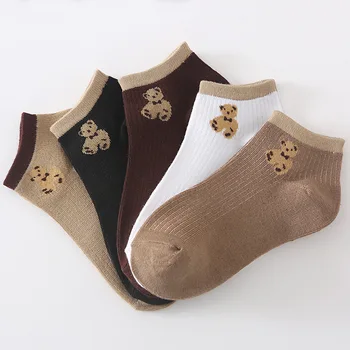 5 пар носков, женские весенне-летние тонкие однотонные носки с медведем, универсальные мультяшные лодочки с низким верхом для колледжа