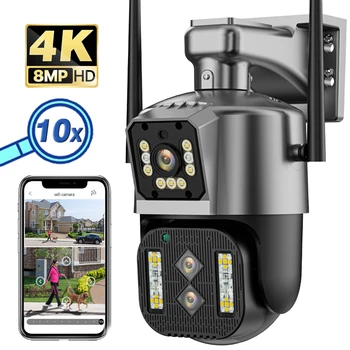 8-Мегапиксельная IP-камера 4K на открытом воздухе с тремя экранами с двумя объективами, 10-кратный зум, Wi-Fi PTZ-камера, автоматическое отслеживание, камера видеонаблюдения, Цветное ночное видение
