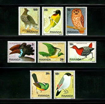 8 шт., почтовая марка Руанды, 1980 г., марки с птицами, настоящий оригинал, коллекция в хорошем состоянии.