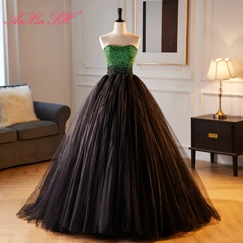 AnXin SH princess черные кружевные ленты без рукавов, расшитые бисером, зеленый кристалл, ведущая вечеринка, блестящее бальное платье невесты, вечернее платье