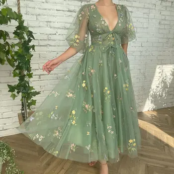Maria Novia, Новое Сексуальное платье с глубоким V-образным вырезом, вечернее платье длиной до половины рукава, Зеленое Праздничное платье Vestidos De Gala
