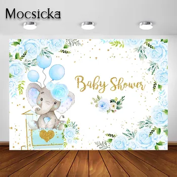 Mocsicka Elephant Baby Shower Background for Boy Party Decorations Синий цветочный фон для фотосъемки слона Баннер для детской вечеринки