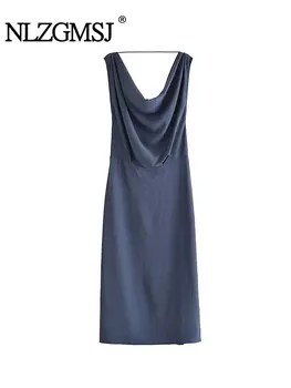 Nlzgmsj TRAF Весеннее Сексуальное Тонкое Женское облегающее платье со складками без рукавов, Тонкое Женское длинное вечернее платье Миди