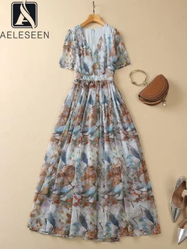 Богемное летнее шифоновое платье AELESEEN, женское платье с V-образным вырезом и этническим цветочным принтом, короткий рукав, Длинное элегантное праздничное платье для отпуска