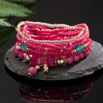 Богемные Плетеные браслеты из смолы и бисера ручной работы Для женщин Летние Красочные браслеты из натурального камня с геометрической цепочкой Для девочек