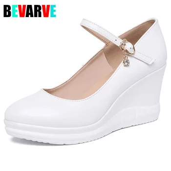 Большие размеры 32-43, женская обувь на платформе и танкетке, белые, красные свадебные туфли 2023, весенние туфли-лодочки на высоком каблуке, Женская офисная обувь