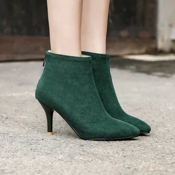 Ботильоны для женщин, модные женские ботинки на высоком каблуке, большие размеры 45 46, классические женские короткие туфли из флока с острым носком, зеленые, черные,
