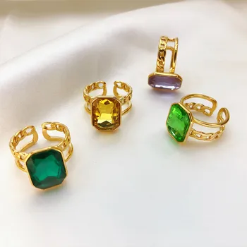 Великолепное женское открытое кольцо квадратной формы с большим зеленым кристаллом Циркона Ослепительные свадебные кольца Обручальное кольцо Кубинское звено цепи