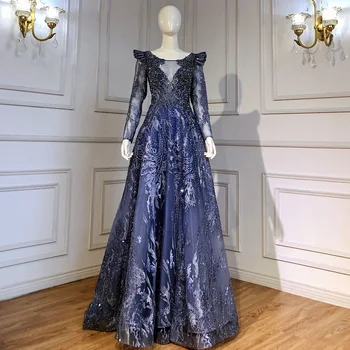Вечерние платья Serene Hill Muslim Синего цвета трапециевидной формы, роскошные платья 2023 года с кружевами и бисером для женской вечеринки LA71552