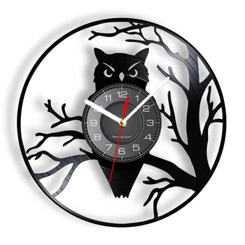 Виниловый альбом Owl Bird & Branches с измененным назначением, часы с изображением животных, Настенный декор, черные подвесные настенные часы, Современное произведение искусства в гостиной