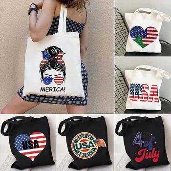 Винтажный Мир США, американский флаг, Любящее сердце Америки, 4 июля, Патриотический Шоппинг, Холщовая сумка-тоут в стиле Харадзюку, Сумки для девочек-покупателей
