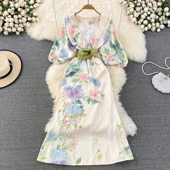 Восточный классический стиль, ретро-рисунок тушью, глубокий V-образный вырез, платье с запахом на талии, Праздничный стиль, Белое длинное платье Showa, летнее