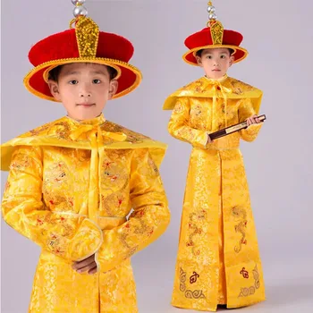 Высококачественный китайский костюм для мальчиков с пайетками, детский китайский костюм для совместной игры с Драконом, детское сценическое представление Императора со шляпой