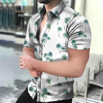 Гавайская повседневная мужская рубашка, уличная одежда Оверсайз, модные лацканы, рубашка с короткими рукавами, пляжный топ с принтом дерева для путешествий