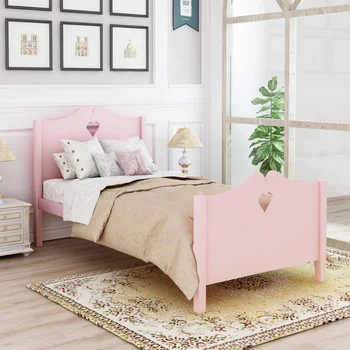Деревянная кровать-платформа Twin Size с изголовьем \ изножьем и деревянной планкой-опорой (розовая) Розовое массивное дерево [На складе в США]
