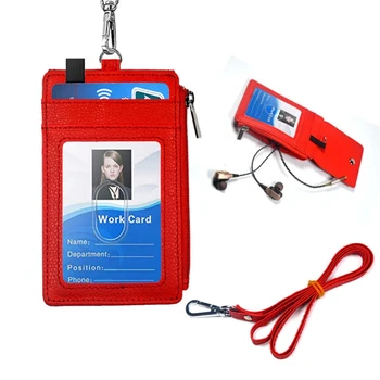 Держатель для бейджа на молнии, держатель для удостоверения личности из искусственной кожи, бумажник с 5 отделениями для карт, 1 боковой карман с RFID-блокировкой, шейный ремень