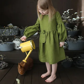 Детское платье 2023, Новинка весны, хлопковое белье с длинными рукавами, детский карман, платья с круглым вырезом для девочек милого зеленого цвета, милая одежда