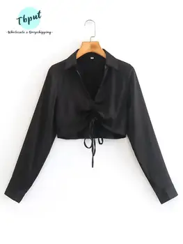 Женская мода, кружевные складки, черный атласный халат, укороченная блузка 2023, женская мода, укороченная рубашка с отложным воротником, блузки-топы