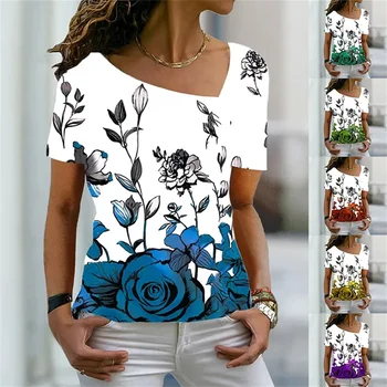 Женская модная футболка с коротким рукавом с цветочной росписью, топ с V-образным вырезом и принтом розы, Элегантный повседневный пуловер с 3D-принтом