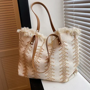Женская сумка Осень/Зима 2023, новый нишевый дизайн, тканая сумка-тоут из хлопка и льна с бахромой, женская большая сумка на одно плечо