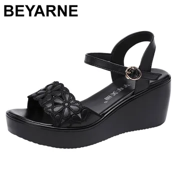 Женские босоножки BEYARNE, большие размеры 33-43, летние кожаные женские босоножки с открытым носком, женская обувь на платформе и каблуке 6 см, женская обувь