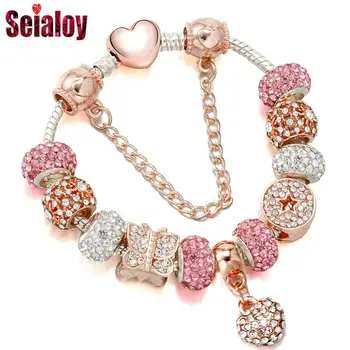 Женские браслеты с подвесками в виде сердца цвета розового золота Seialoy с бабочками и звездочками, браслеты из бисера и бижутерии
