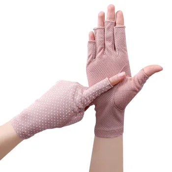 Женские хлопчатобумажные летние перчатки без пальцев, полупальцевые, с защитой от солнца, с принтом в тонкую точку, короткие перчатки для вождения