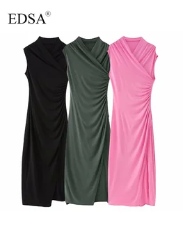 Женское элегантное длинное драпированное приталенное платье EDSA с вырезом под стихарь, Короткий рукав для вечеринки, Высокая талия, стройная женская