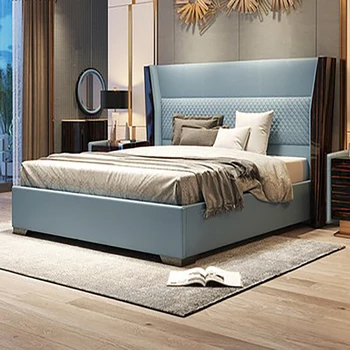 Итальянская итальянская кровать из массива дерева простая, постмодернистская, легкая, роскошная двуспальная кровать для хозяина и гостя 1,8 м, кожаная кровать высокого качества