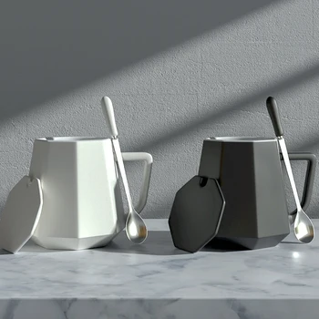 Керамическая чашка с геометрическим рисунком в европейском стиле, однотонная Домашняя кружка для пары большой емкости, универсальные кофейные чашки с ручками