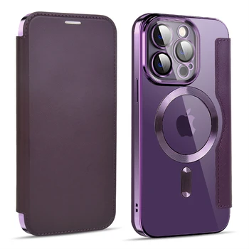 Кожаный чехол для телефона с отделением для карт для iPhone 14 Pro Max Plus 13 12 11 Для беспроводной зарядки Magsafe, прозрачная откидная крышка