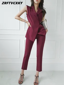 Корейские женские брюки, комплект из двух предметов, летний модный тонкий топ без рукавов на шнуровке + брюки-карандаш с высокой талией, деловые костюмы OL