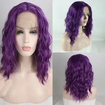 Короткий синтетический парик на кружеве Фиолетового цвета с волнистыми термостойкими волокнами из натуральных волос без пробора для модных женщин