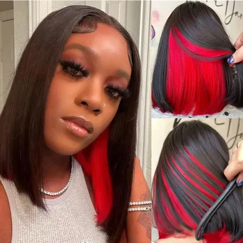 Красная подсветка 4X4 парик-боб с кружевом Peekaboo короткие прямые парики-боб 180% плотности 13X4 парики из человеческих волос с кружевом спереди, предварительно выщипанные парики