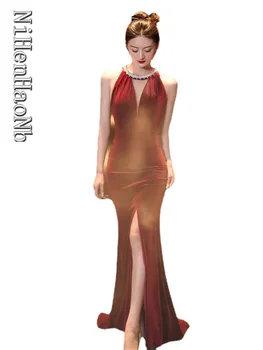 Красное бархатное женское вечернее платье-русалка без рукавов с открытой спиной, вечерние платья для женщин 2023 г.
