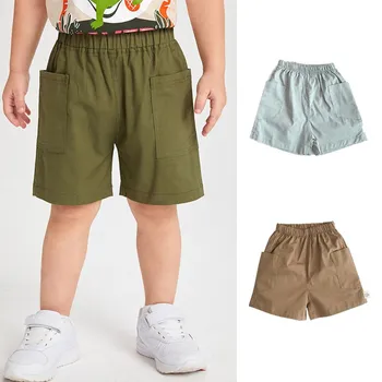 Летние детские шорты из мягкого хлопка, повседневные пляжные короткие штаны для мальчиков, боковой карман, Однотонные спортивные шорты для малышей