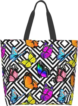 Многоразовая холщовая сумка через плечо с бабочкой в черно-белую полоску, повседневная сумка-тоут