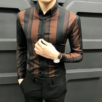 модная мужская корейская повседневная рубашка в полоску с длинным рукавом, приталенная деловая рубашка, красивый топ