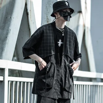 Модный Халат Dao, Мужская Свободная ветровка, Винтажная клетчатая рубашка с разрезными рукавами, Функциональное пальто в клетку