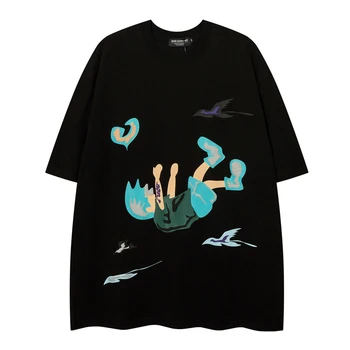 Мужская футболка оверсайз с мультяшным поролоновым принтом 2023, Летние футболки в стиле хип-хоп, хлопковые футболки, уличная одежда