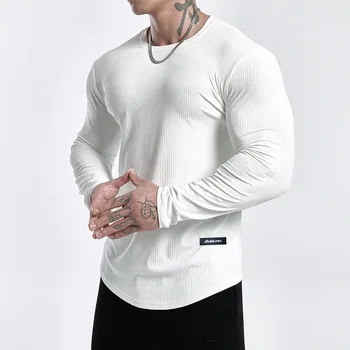Мужские футболки с круглым вырезом для мышц, легкие облегающие футболки для тренировок в тренажерном зале с длинным рукавом, мягкие футболки для бодибилдинга