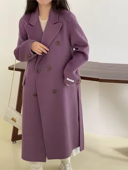Мягкое пальто из Эшмера, Женское шерстяное пальто 2022, Двубортное пальто средней длины с зубчатым воротником, Женское элегантное Корейское пальто с поясом