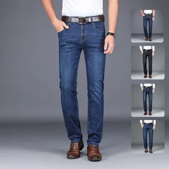 Новые деловые мужские джинсы, повседневные прямые стрейчевые Модные Классические Синие Черные Рабочие джинсовые брюки, Мужская брендовая одежда, Размер 32-38