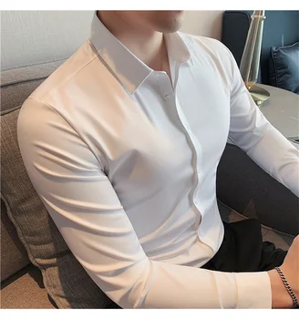 Новые эластичные мужские рубашки против морщин, рубашки с длинным рукавом для мужчин, приталенная деловая блузка, белая рубашка 6XL