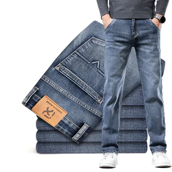 Осенне-весенние брендовые прямые свободные джинсы-стрейч, классические деловые повседневные джинсы для молодых мужчин, джинсы со средней и высокой талией