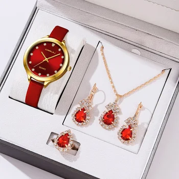 Подарочный набор кварцевых наручных часов CRRJU - 5 Женских часов с кожаными ремешками, ожерельем и браслетом; Идеальный подарок для дам
