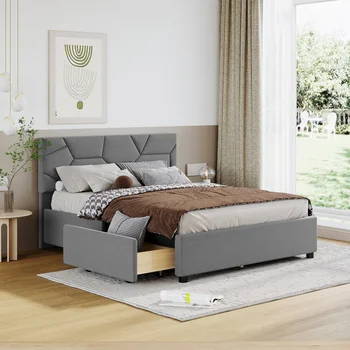 Полноразмерная мягкая кровать на платформе с кирпичным рисунком и 4 выдвижными ящиками, льняная ткань, подходит для спален