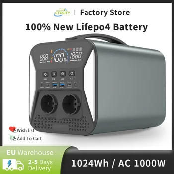 Портативная электростанция EU Plug 1000 Вт 1024 Втч Lifepo4 Аккумулятор 220 В переменного тока для аварийного резервного питания Кемпинг генератор солнечной энергии бесплатно