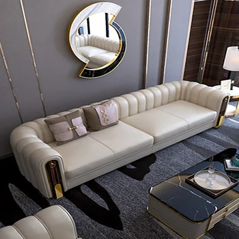 Постмодернистский минималистичный легкий кожаный диван роскошной виллы, сочетание верхнего слоя воловьей кожи, европейский и американский стиль, гонконгский стиль