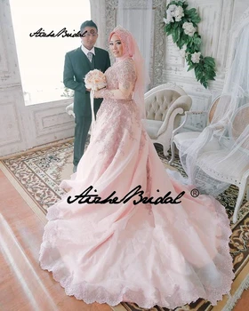 Розовое мусульманское свадебное платье с высоким воротом, кружевные аппликации с длинным рукавом, платье невесты из органзы трапециевидной формы
